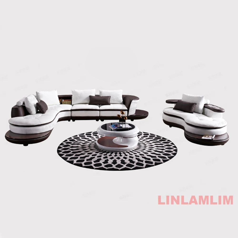 Modern Luxury Genuine Leather Sectional Sofa Set with Speaker and USB, U-Shaped Design Living Room Couch with Storage Shelves
