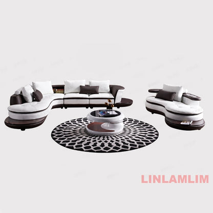 Modern Luxury Genuine Leather Sectional Sofa Set with Speaker and USB, U-Shaped Design Living Room Couch with Storage Shelves