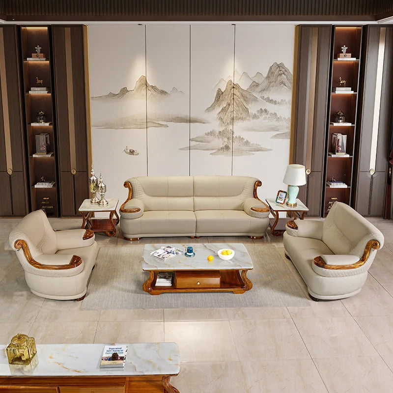 Modern simple ebony leather sofa new Chinese living room size apartment solid wood first layer cowhide new combination