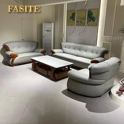 Ebony leather sofa modern light luxury high-end living room villa first layer cowhide solid wood new Chinese-style small