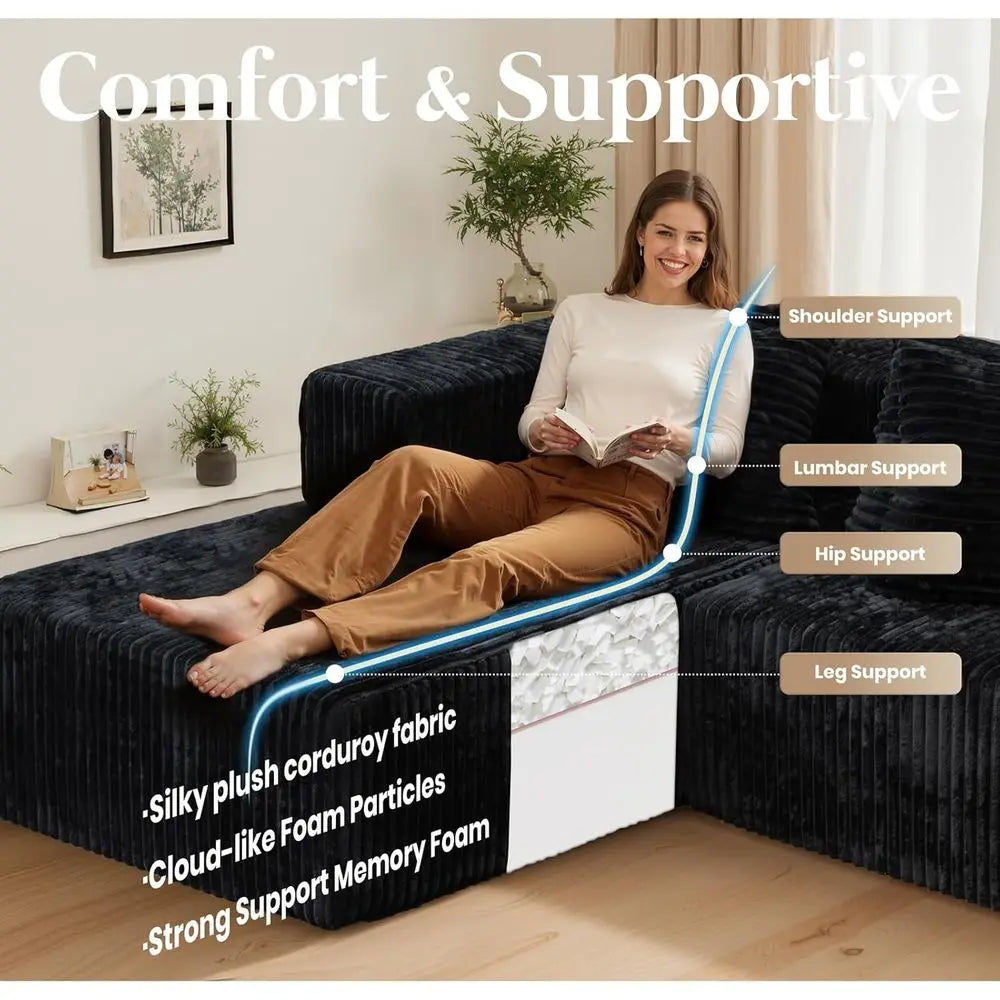 130 Black Bonded Leather Cloud Sofa with 2 Chaise Lounges, 4-in-1 Flexible Layered Foam Cushion, Deep Seating, No Assembly Neede