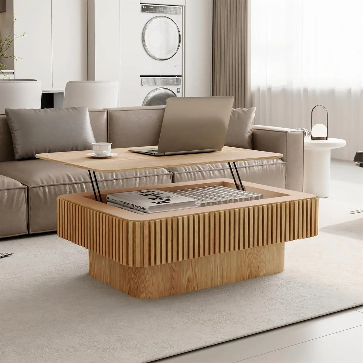 Lift Top Coffee Table For Living Room, Accent Fluted Coffee Table With Storage, Modern Solid Wood Veneered Rectangle Center Tea