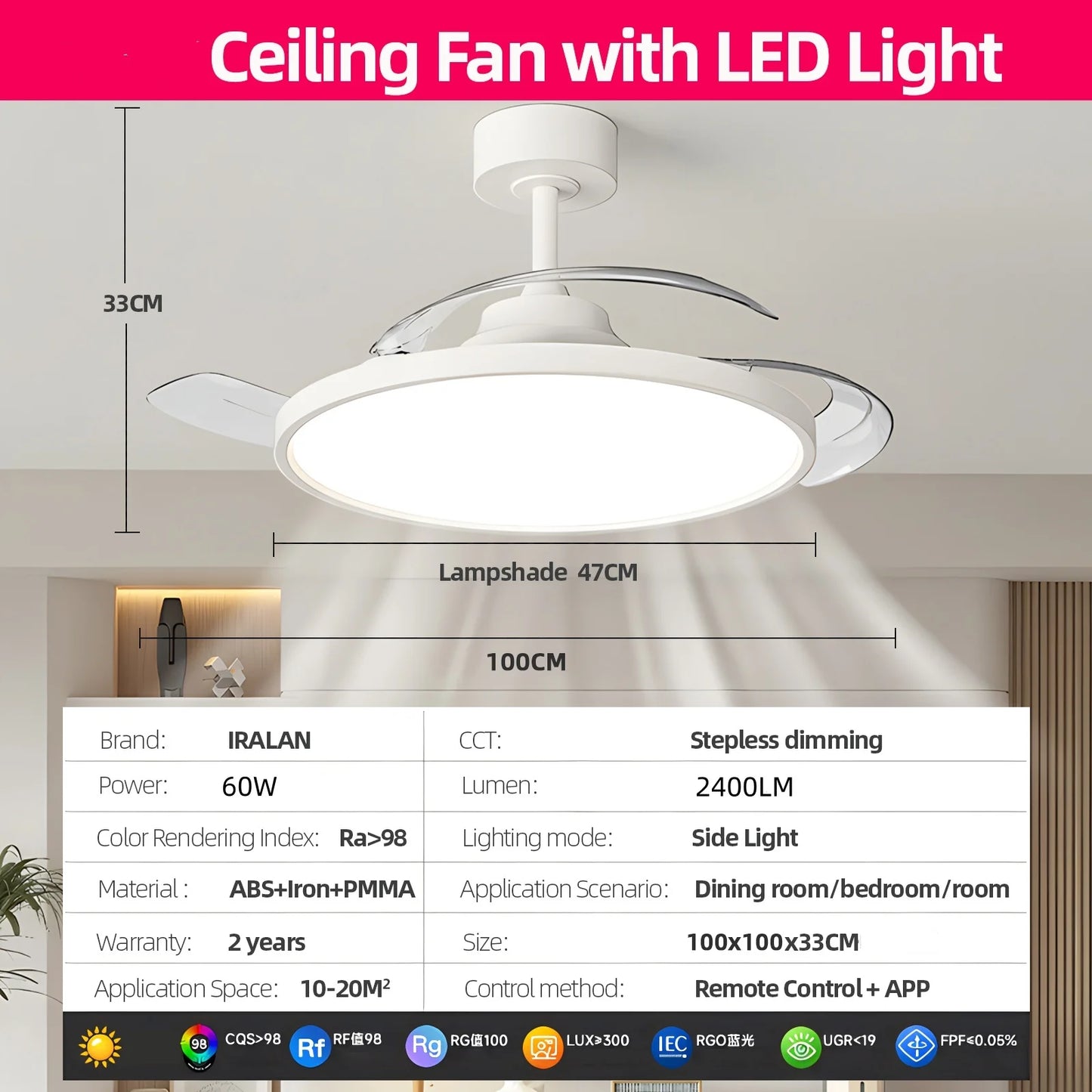 Modern Ceiling Fan Sealing Fan Led Lighting Silent Invisible Blade Lamps Suitable for Living Room Dining Room Study Kitchen