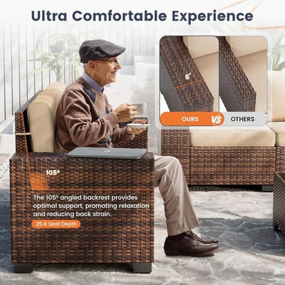 6-Piece Outdoor Wicker Sectional Sofa Set with 8-Inch Armrests, Waterproof Cover, and Coffee Table for Garden and Patio