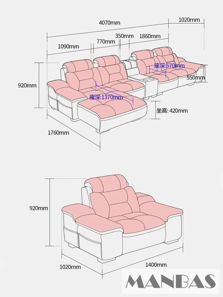 MANBAS Italian Genuine Leather Sectional Sofa with USB Charging, Bluetooth Speaker and Projector - Perfect for Your Living Room