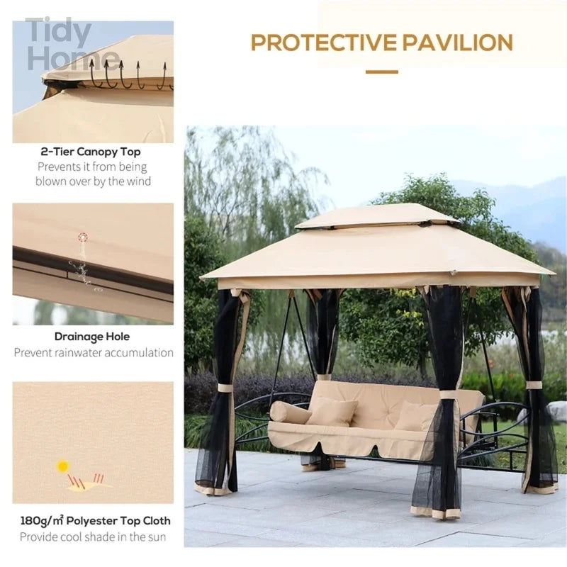 Outdoor Swing Chair with Double Canopy, Mesh Sidewalls, Cushioned Seating and Pillows for Patios and Gazebos