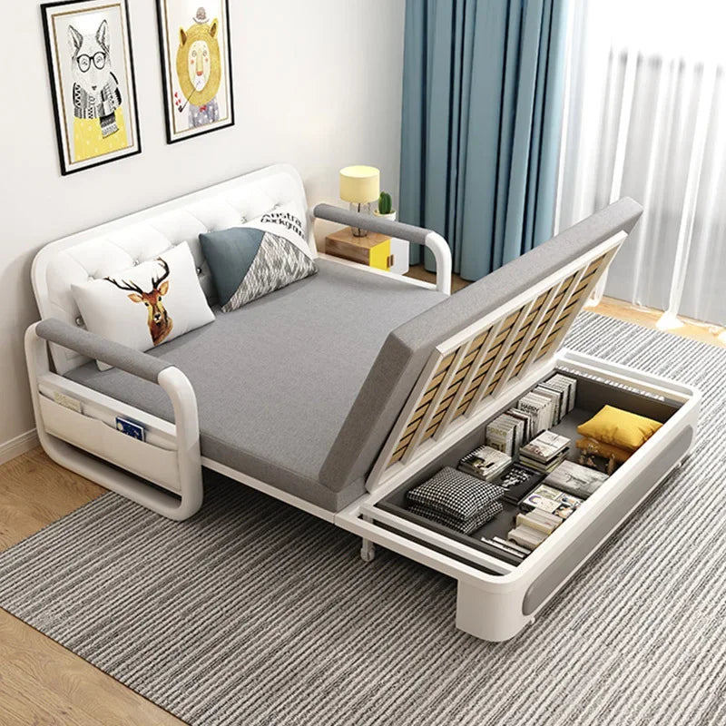 Modern Folding Sofa Bed with Fabric Upholstery Apartment Furniture Metal Frame Extendable for Living Room Dining Hotel Use