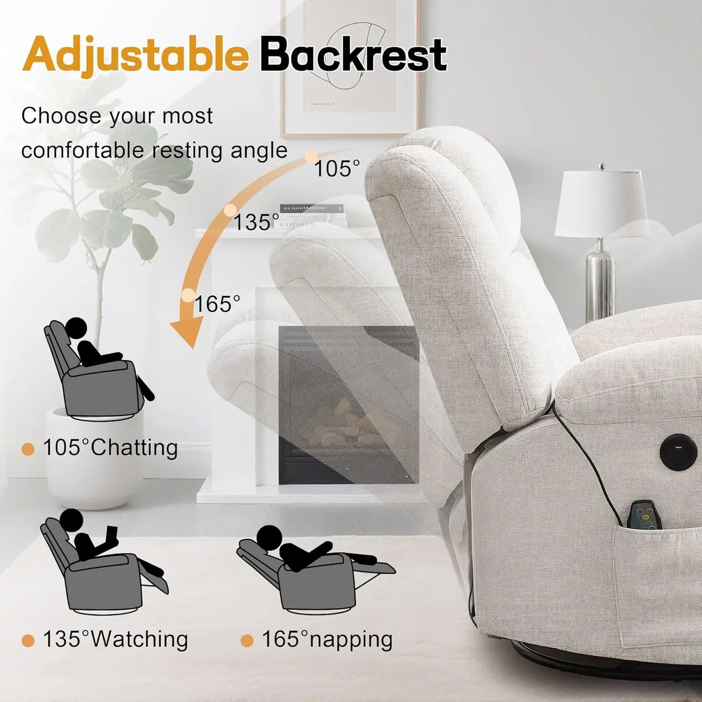 Rocker Recliner Glider Recliner Chairs for Adults 360 Swivel Rocking Chair with Massage and Heating Nursery Chair with Storage
