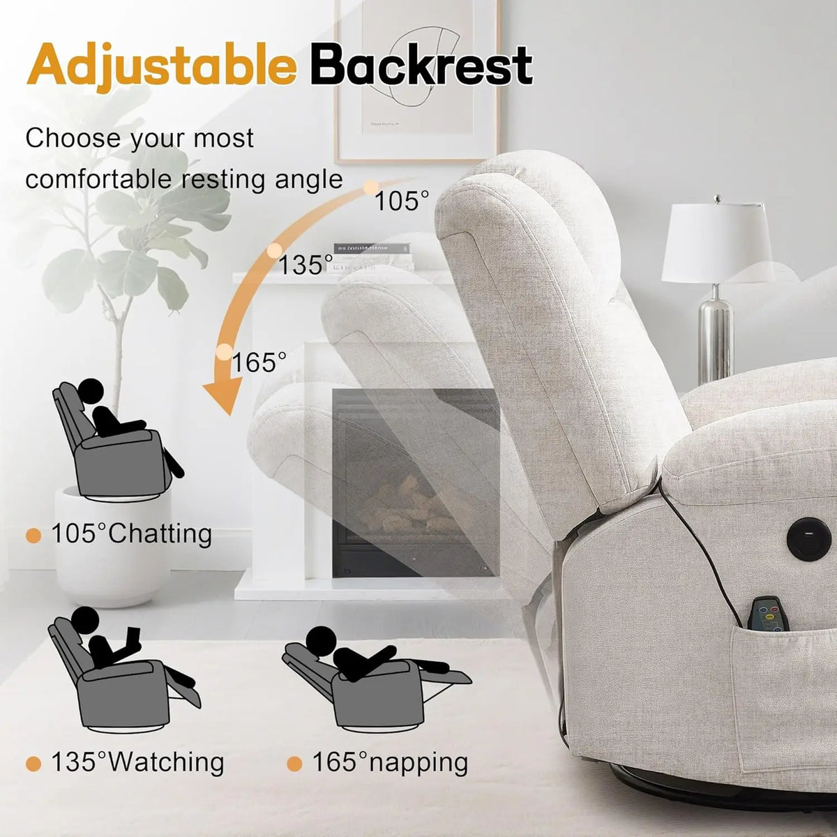 Rocker Recliner Glider Recliner Chairs for Adults 360 Swivel Rocking Chair with Massage and Heating Nursery Chair with Storage