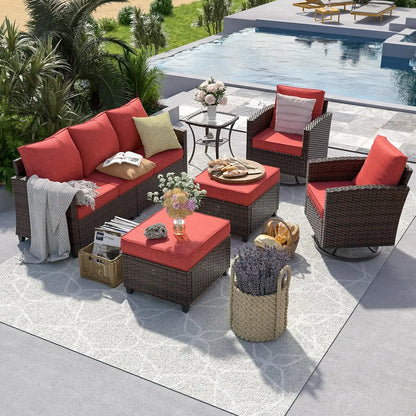 Patio Furniture Set, 6 Pieces Outdoor Sectional Couch with Swivel Rocking Chair, Gray Wicker Rattan Sofa with Side, Customized