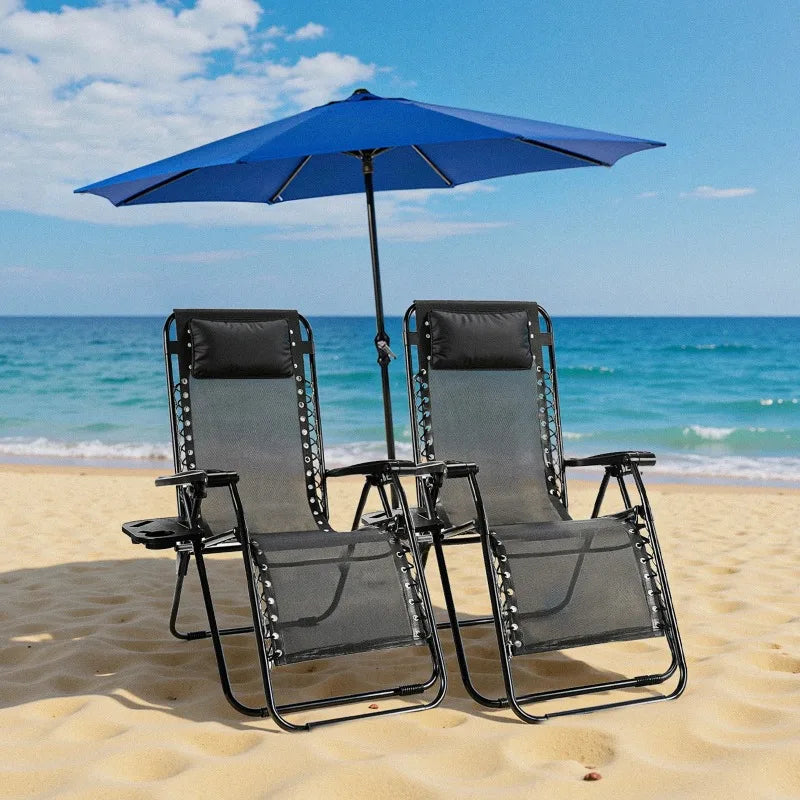 2 Zero Gravity Recliner Chairs - Portable Camping Patio Lounge with Cup Holder & Adjustable Pillow
