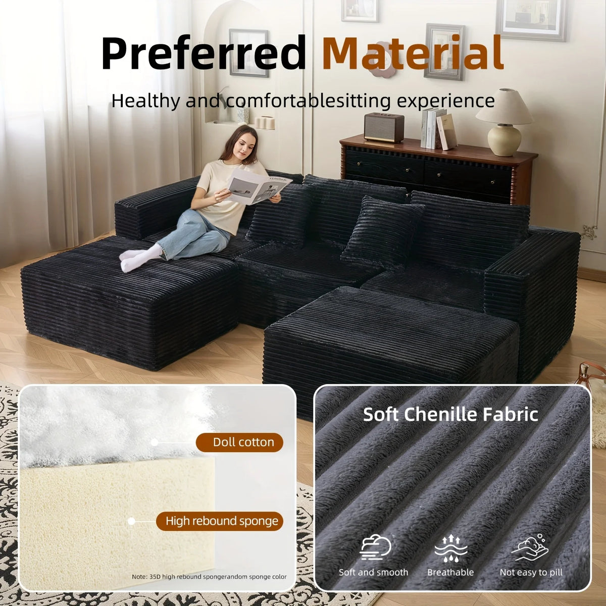 110.24-inch modular combination sofa U-shaped sofa with lounge chair striped fabric four-seater soft cushion sofa for living