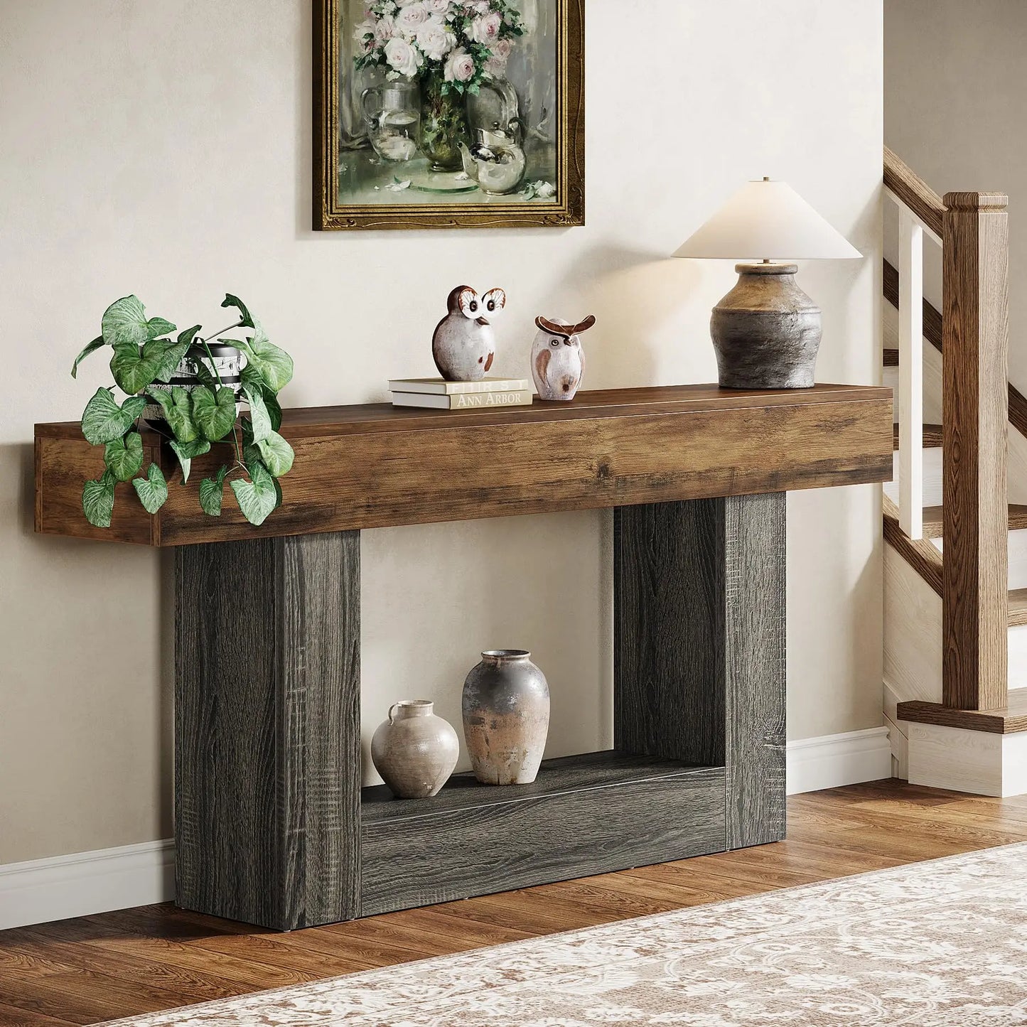 Rustic 2-Tier 63 Console Table with Storage for Entryway, Living Room, and Hallway in Brown & Gray