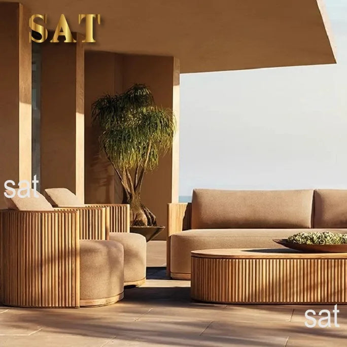nvModern Simple Courtyard Villa Garden Outdoor Waterproof Sunscreen Anticorrosive Durable Teak Sofa Outdoor Furniture&