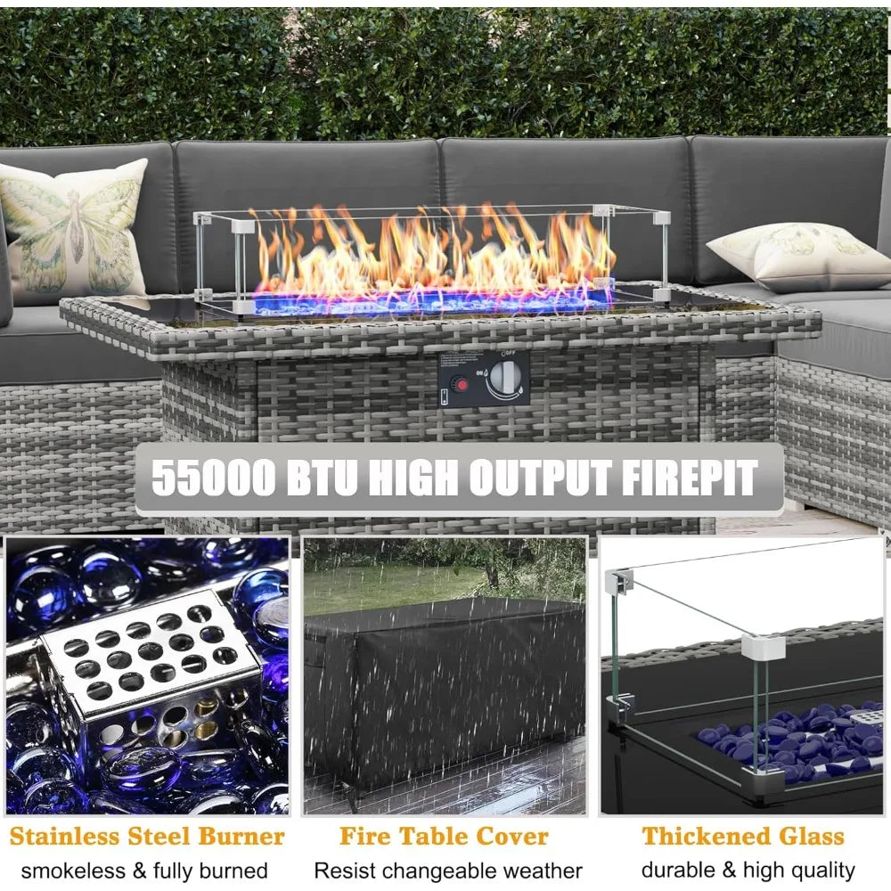 8-piece outdoor patio furniture set with fire pit and wicker rattan sectional sofa with coffee table