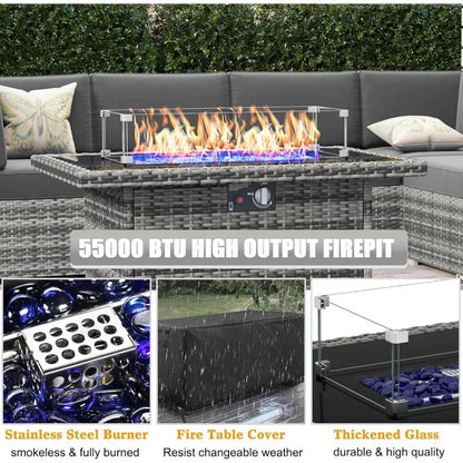 8-piece outdoor patio furniture set with fire pit and wicker rattan sectional sofa with coffee table