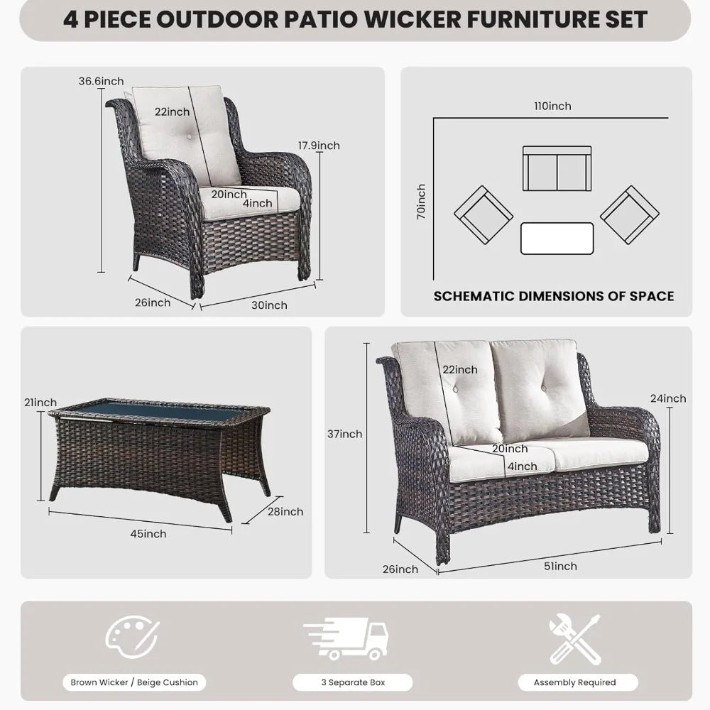 outdoor patio furniture set: 4-piece wicker loveseat, sofa, and chairs with coffee table
