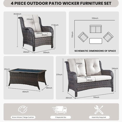 outdoor patio furniture set: 4-piece wicker loveseat, sofa, and chairs with coffee table