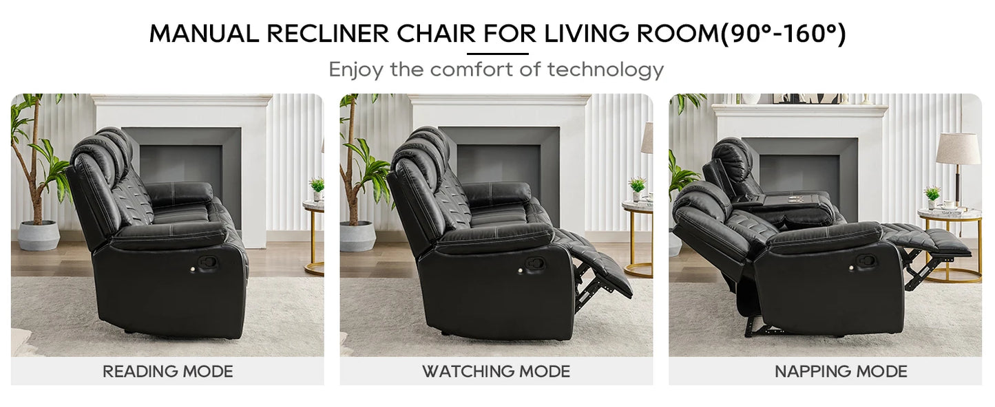 3 Seats Manual Reclining Sofa with Wireless Charger,LED Floor Lights, Drop-down Table, USB/Type-C Port (M073)