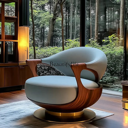 1PJ12New Chinese-style villa large flat-floor study leather walnut rotating ingot chair single sofa