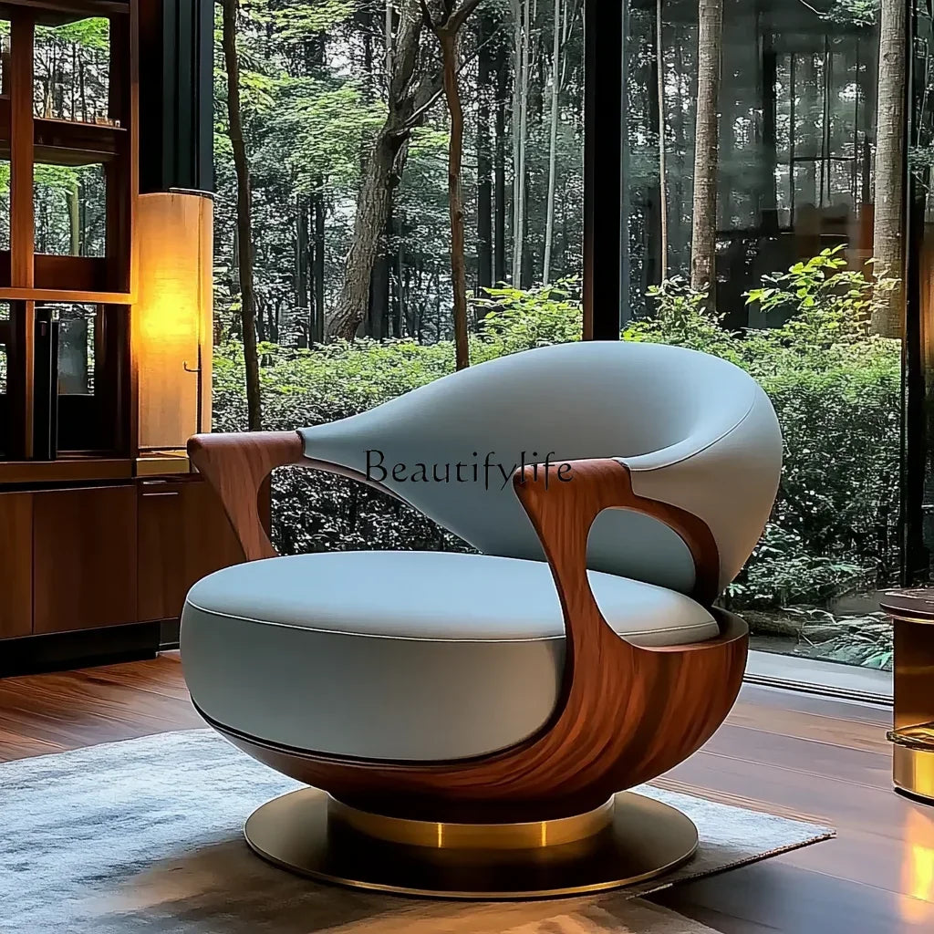 1PJ12New Chinese-style villa large flat-floor study leather walnut rotating ingot chair single sofa