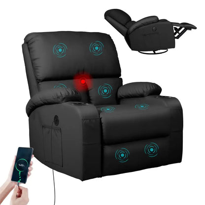 Rocking Recliner Chair, Massage Rocker Recliner Chair with Vibration Massage and Heat, USB and TypeC Ports,360 Swivel Faux Leat