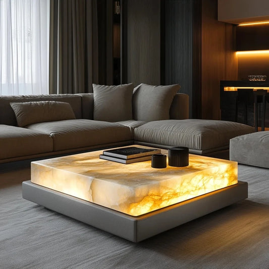 Square luxury stone leather luminous jade coffee table large flat-floor villa living room modern marble
