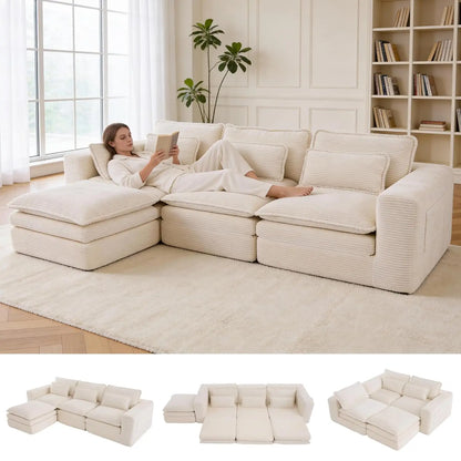 109" L Shape Modular Sectional Sofa with Ottoman, Boneless Couch Three-Layer Deep 3 Seat Convertible Pull Out Sofa, Customized