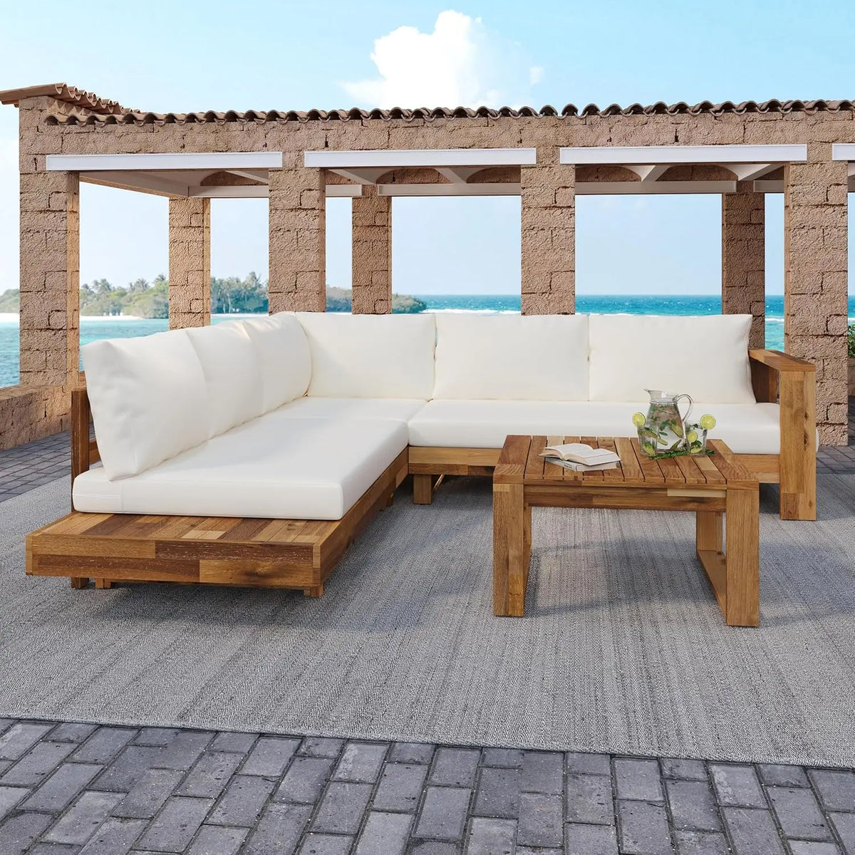 Acacia Wood 4pc Outdoor Sectional Sofa Set with Cushions and Slatted Design - Modern Patio, Deck & Garden Seating, Customized