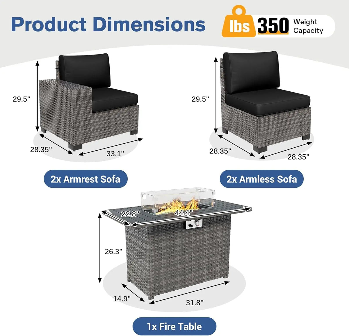 gray wicker outdoor sectional sofa set with 5-piece patio furniture and fire pit table