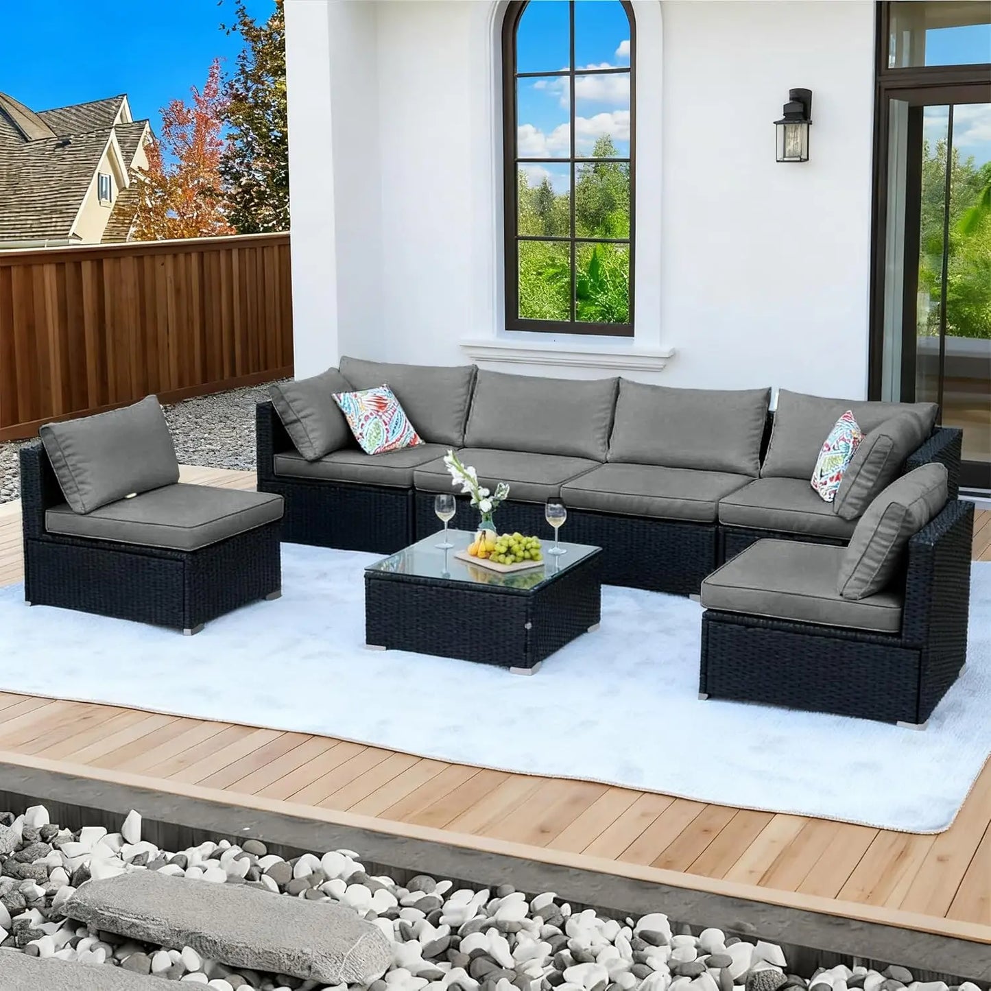 7 Pieces Patio Furniture Set - All-Weather Outdoor Wicker Sectional Conversation Sofa, Rattan Patio Seating Sofa, Customized