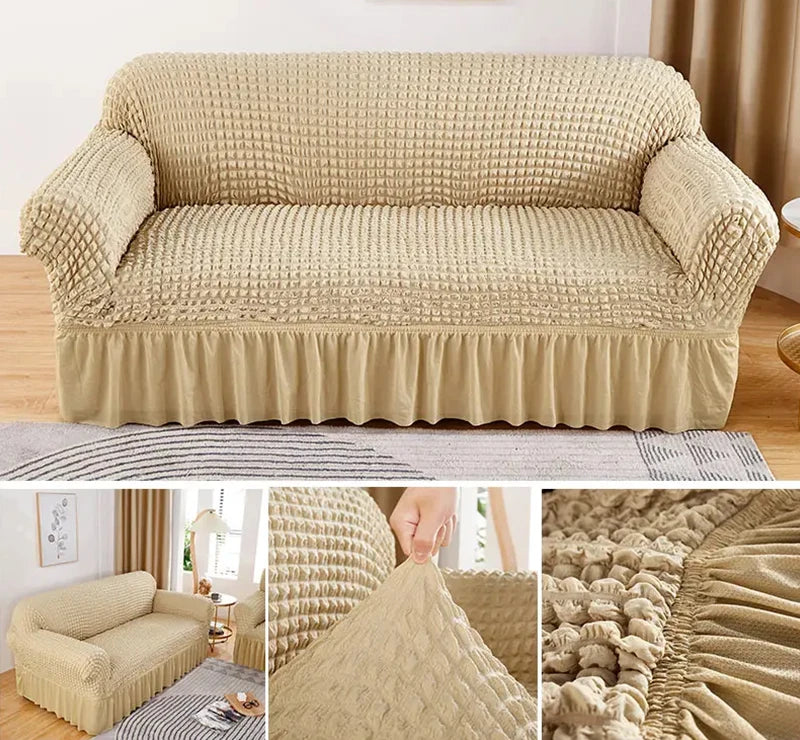 1 Seater Seersucker Sofa Cover with Elastic Skirt Stretch Sofa Protector Removable Slipcover Armchair Cover Elastic Couch Cover