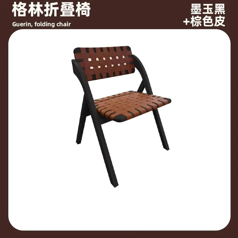 MOMO Retro Solid Wood Dining Chairs Home Living Rooms Saddle Leather Folding Chairs Dining Chairs Wabi Sabi Style Backrest Chair