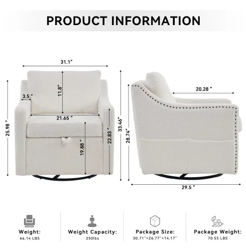 Teddy Fabric Swivel Accent Chair Single Sofa Chair with Upholstered One Back Pillow Armrest Rivets for Home Office Living Room