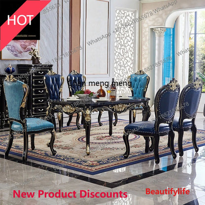 Marble dining table and chair combination European solid wood carving flower rectangular restaurant household dining table