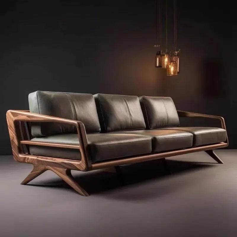 Solid Wood Three-person Living Room Lounge Sofa Small Modern Simple Apartment Armchairs Balcony Furniture