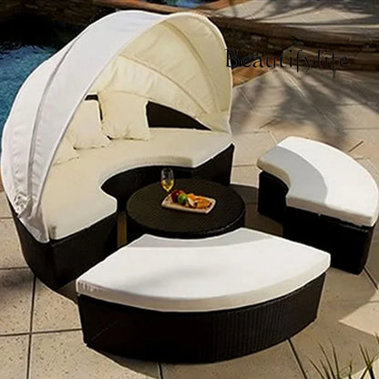 N Outdoor Lounge Leisure Ratten Bed Balcony Courtyard Sun Shade Sofa Outdoor round Bed