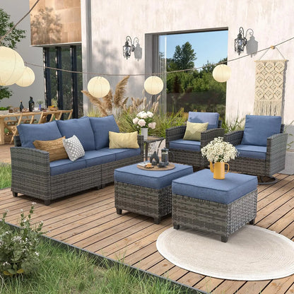 Patio Furniture Set, 6 Pieces Outdoor Sectional Couch with Swivel Rocking Chair, Gray Wicker Rattan Sofa with Side, Customized