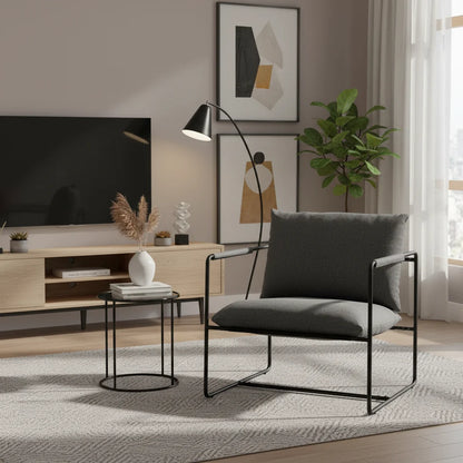 Modern Mid Century Accent Chair, Metal Frame Armchair with Shredded Foam Cushion, Upholstered Lounge Chair Dark Grey