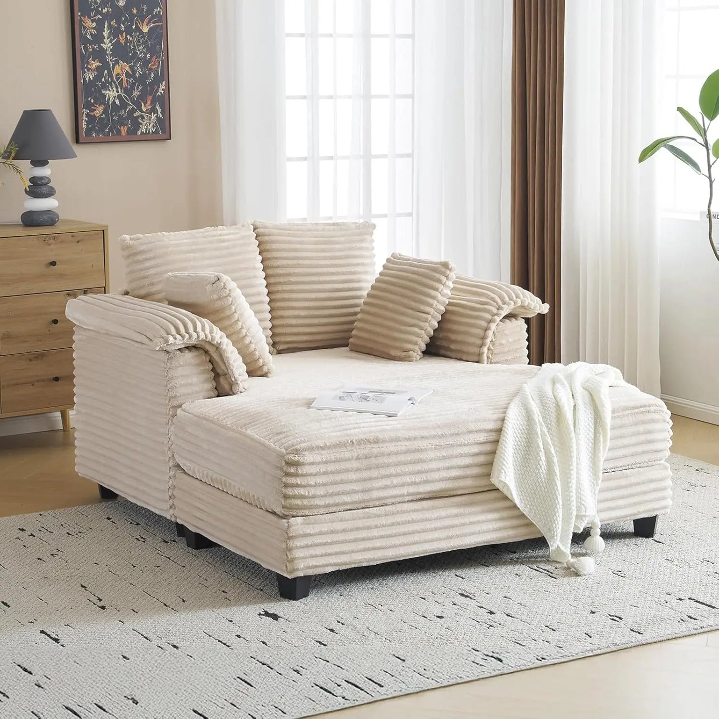 56" Oversized Chaise Lounge Chair, Black Comfy Corduroy Chaise Sofa Recliner Bed Upholstered Sleeper Couch Bed with Throw Pillow