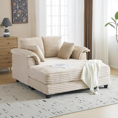 56" Oversized Chaise Lounge Chair, Black Comfy Corduroy Chaise Sofa Recliner Bed Upholstered Sleeper Couch Bed with Throw Pillow