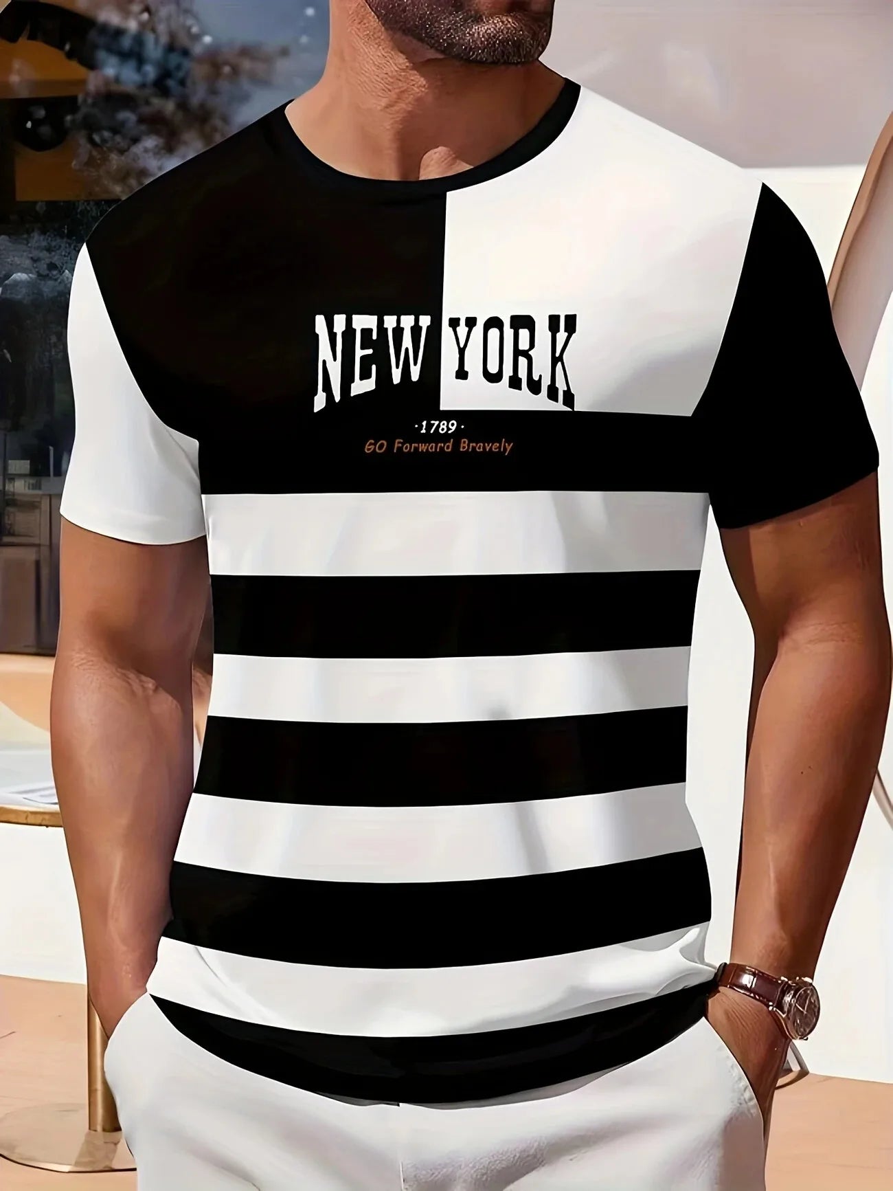 Outdoor Men's T Shirt Summer Fashion Casual Round Neck Short Sleeve Top Striped Printed Style Asian Size Men's Clothing T-shirt