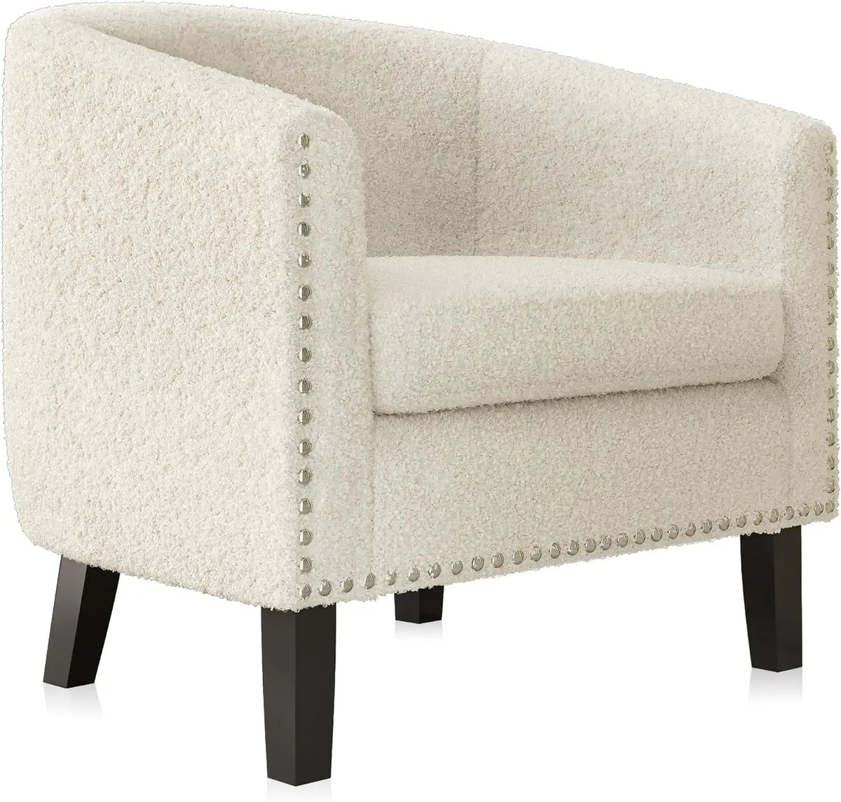 Upholstered Barrel Chair with Silver Trim & Black Legs - Kyara (White/Polyester)