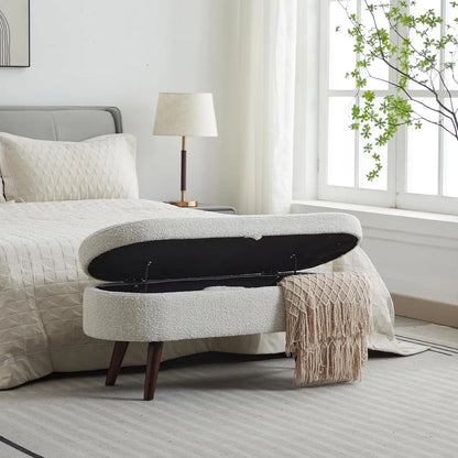 43.8" Boucle Storage Ottoman Bench, 300 Lb Capacity, Upholstered, Safety Hinge, Flip-Top Oval Foot Rest With Wood Legs