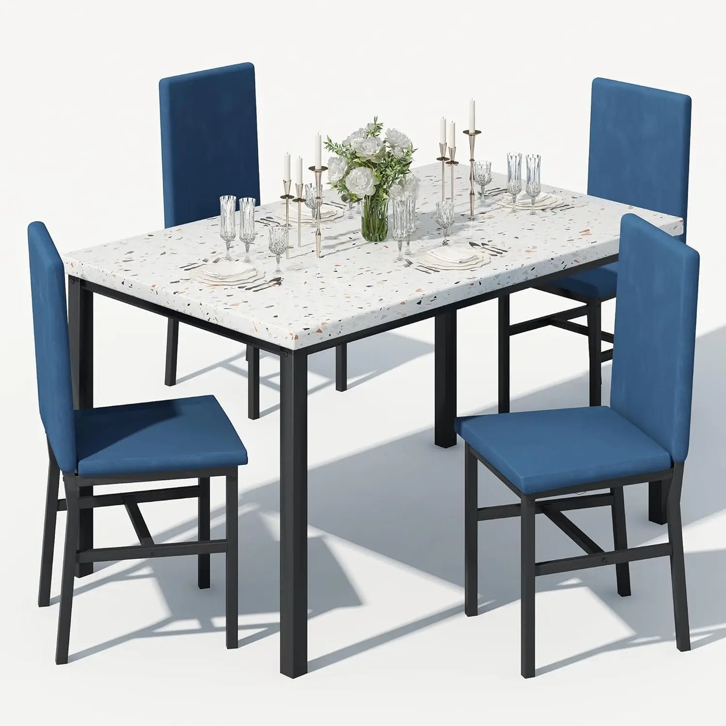 4-piece Dining Table and Chair Set, 5-piece Modern Dining Room Dining Table Set with Faux Marble Top and PU Leather Chairs
