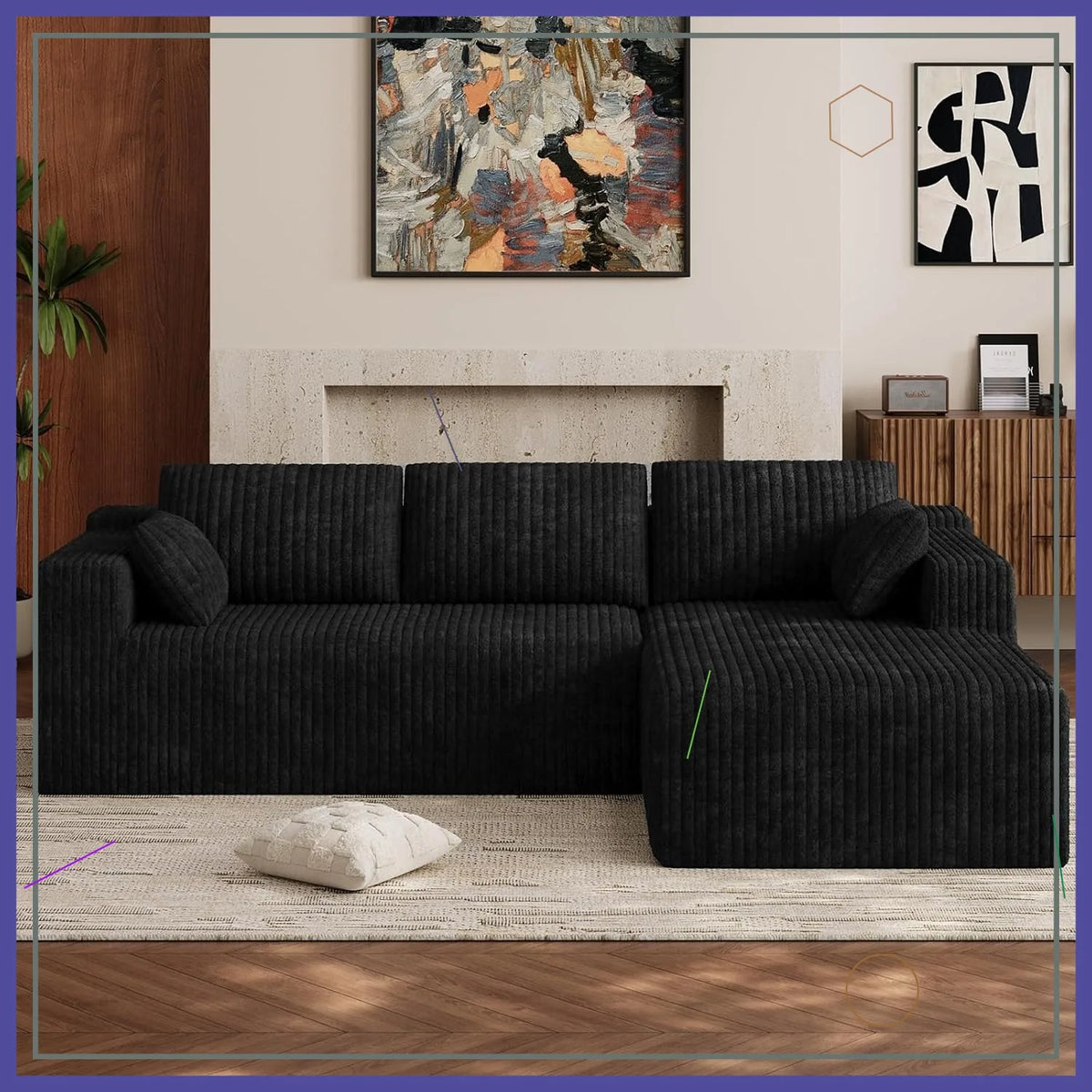 L Shaped Sectional Sofa, Modern Deep Seat Modular Cloud Couch with Right Chaise, No Assembly Needed, Black