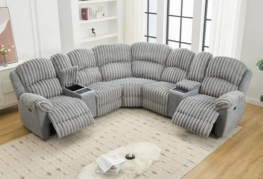 Power Reclining L-Shaped Fuzzy Rabbit Plush 5-Seater Sectional Sofa Set with Wireless Charger, USB Type-C Port & Storage Console