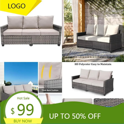 "3-seat weather-resistant wicker patio sofa with high curved back and plush cushions"