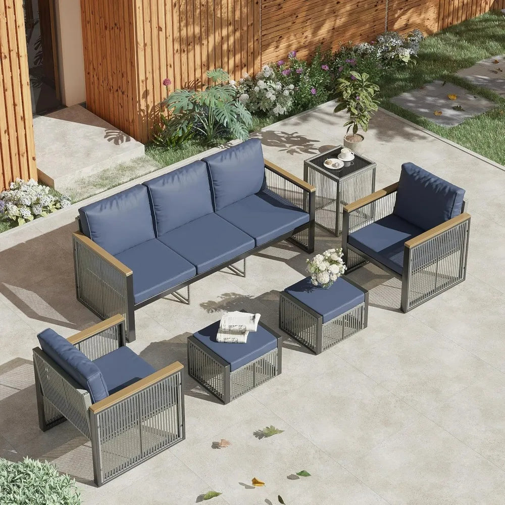 6 Pieces Funriture Sets,Metal Patio Furniture Set, 5 Seats Modern Outdoor Conversation Set Sectional Sofa with Ottomans,3-Seat