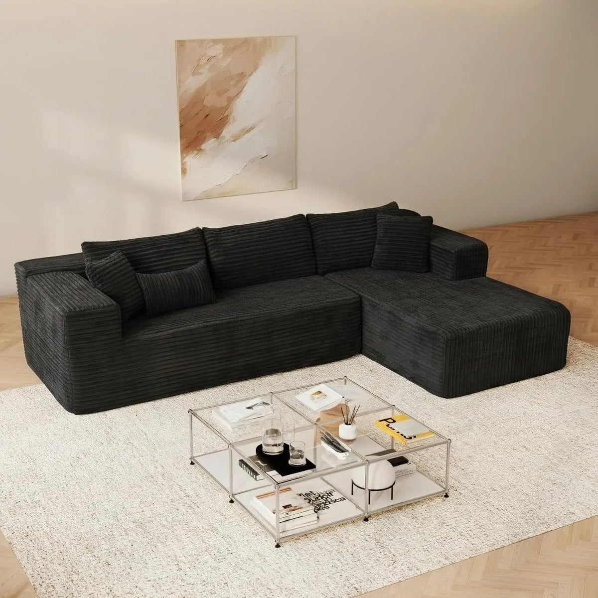 105.9” Modular Sectional Sofa with Chaise, L-Shape Corduroy Cloud Couch with Pillows, Modern Boneless Sofa for Living Room Apart
